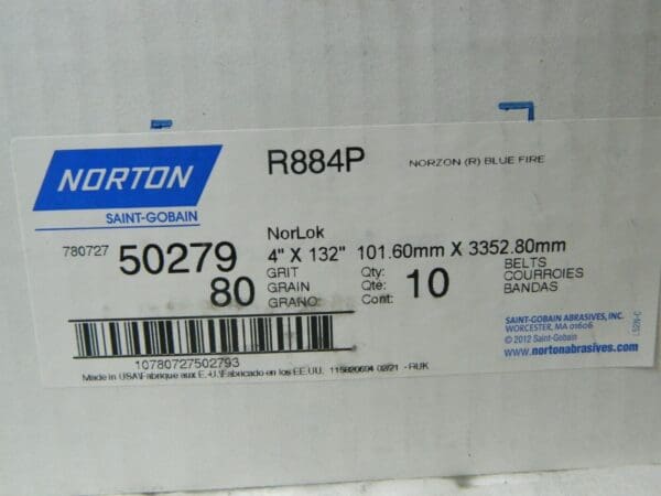 Norton Zirconia Alumina Abrasive Belt 4" x 132" 80 Grit Qty 10 Belts 78072750279