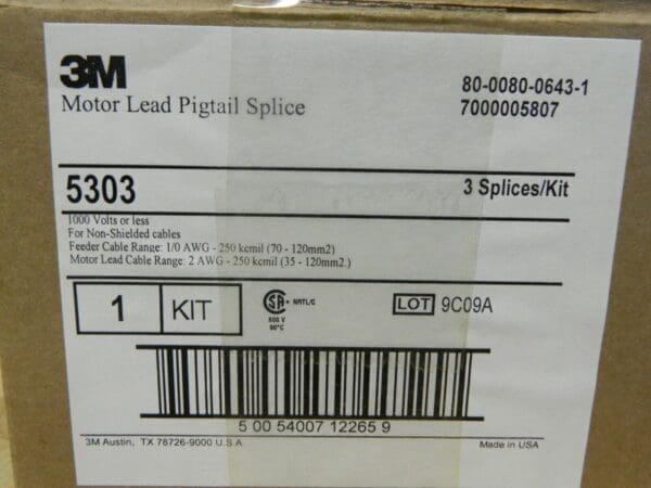 3M™ Motor Lead Pigtail Splice 5303 1 kV 1-Hole Lug Connection Qty 3 7000005807