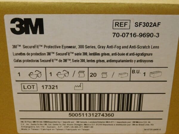 BOX of 20 3M SecureFit Protective Eyewear Gray Anti-Fog/Scratch Lens SF302AF