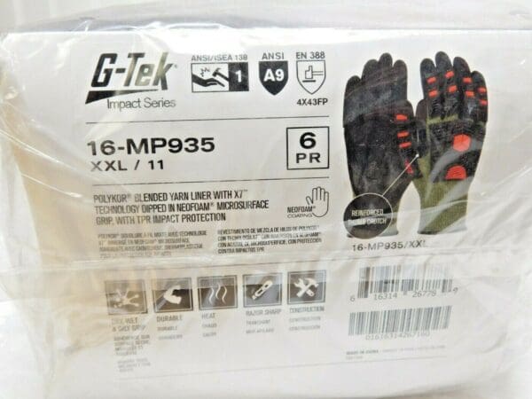 6 PAIRS PIP G-Tek Impact Series Cut Resistant PolyKor Gloves XXL/11 16-MP935/XXL