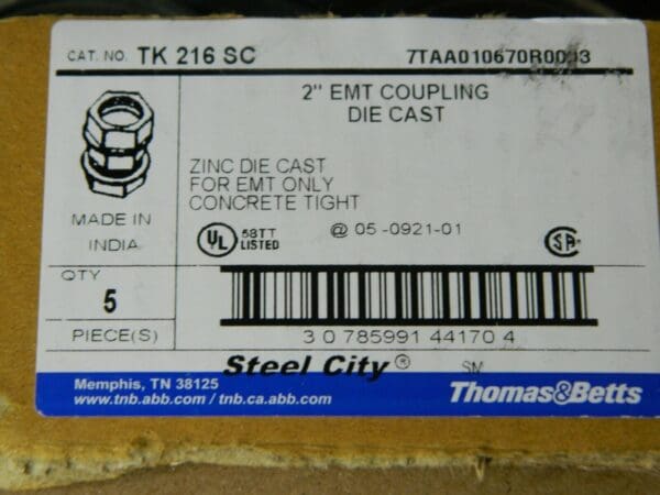 Thomas & Betts 2" Trade EMT Conduit Coupling Qty 10 TK216SC