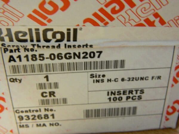 Heli-Coil #6-32 UNC, 0.207" OAL, Free Running Helical Insert QTY 100