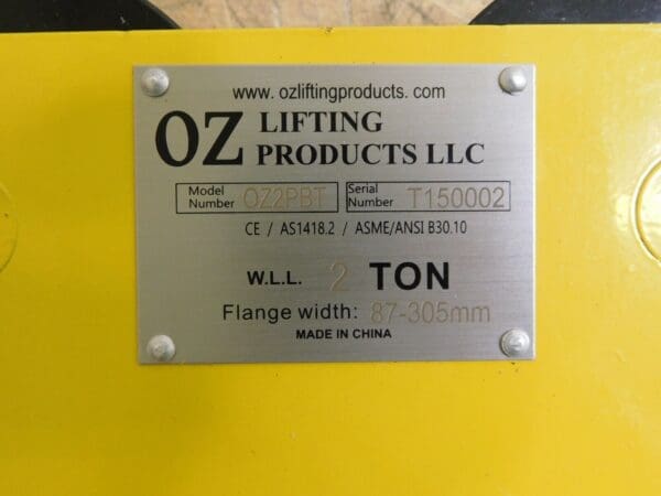 Oz Lifting Products Beam Trolly 2 Ton Cap OZ2PBT