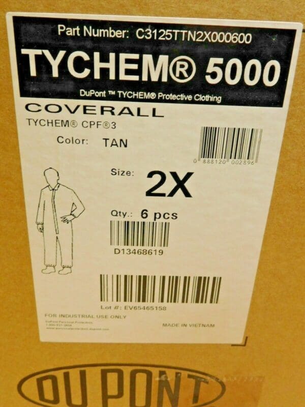 Box of 6 Dupont Tychem5000 Collared Disposable Coveralls Tan 2X C3125TTN2X000600