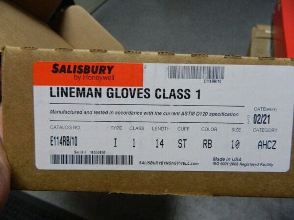 SALISBURY Class 1, Size XL (10), 14″ Long, Rubber Lineman's Glove E114RB/10