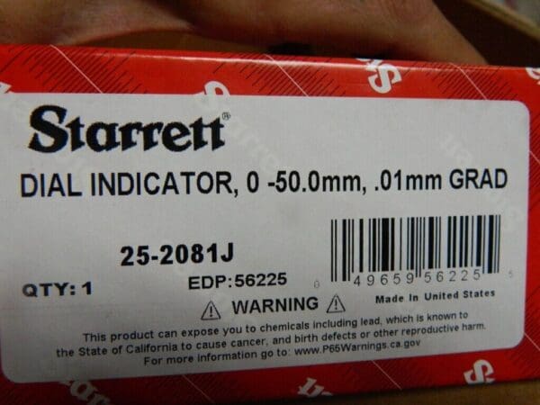 STARRETT 50mm Range, 0-100 Dial Reading, 0.01mm Graduation Dial Drop Indicator