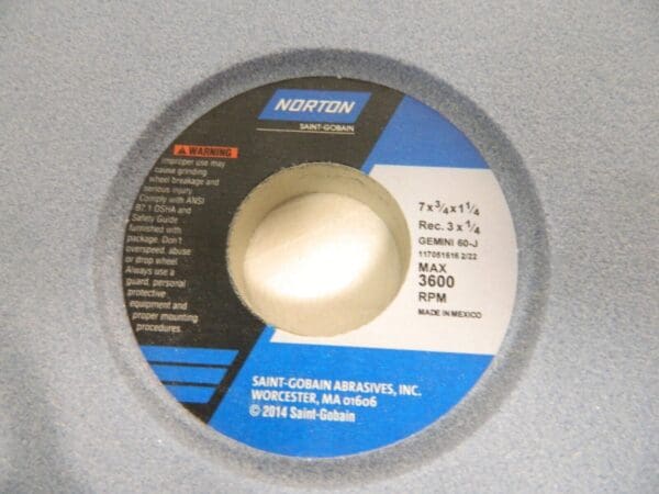 Norton 7" Diam x 1-1/4" Hole x 3/4" Thick Gemini 60 Grit J Grinding Wheel Qty 3