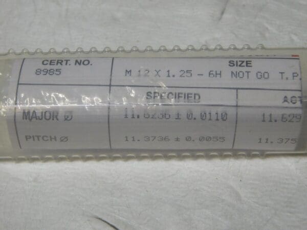 SPI Metric Taperlock Thread Plug Gage Single End M12x1.25 Thread NOGO 34-588-4