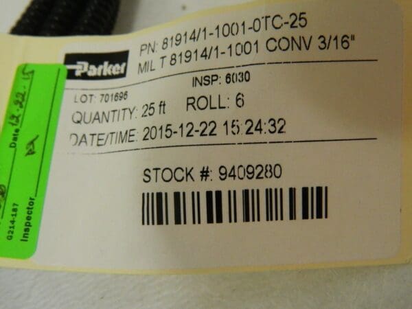 Parker PTFE Tube 0.188" ID x 0.32" OD 0.023" Wall Thickness 81914110010TC25