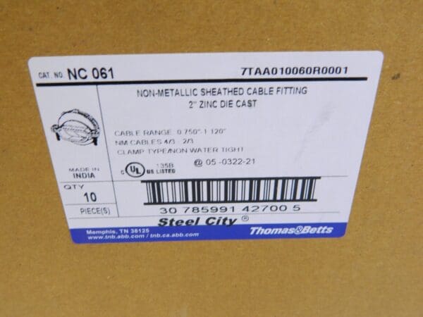 Thomas & Betts 2" Non-Metallic Sheathed Cable Fitting Zinc Die Cast Qty 10 NC061