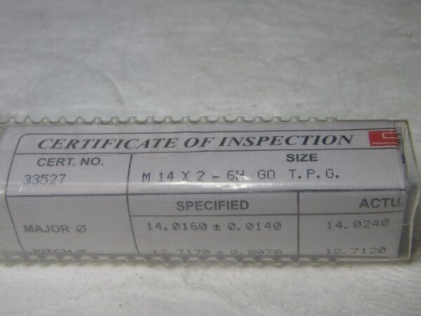 SPI Metric Taperlock Thread Plug Gage Single End M14x2 Thread G0 34-552-0