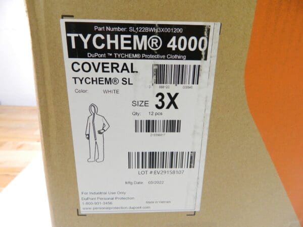 DUPONT TYCHEM 4000 SL COVERALL SIZE 3X, WHITE, Qty 12 SL122BWH3X001200