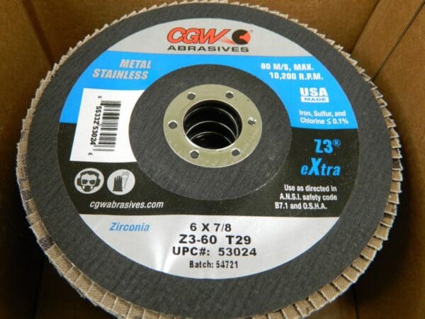 CGW Flap Disc 6" Diam 7/8″ Hole, 60 Grit, Zirconia Alumina, Type 29 Qty 10 53024