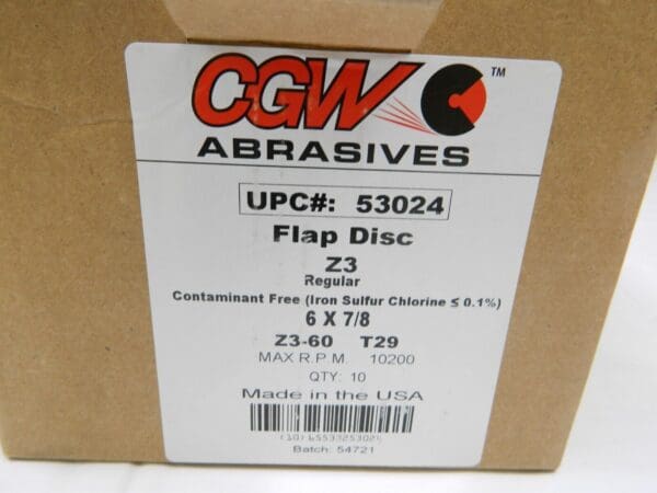 CGW Flap Disc 6" Diam 7/8″ Hole, 60 Grit, Zirconia Alumina, Type 29 Qty 10 53024