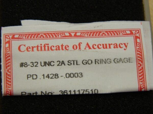 VERMONT GAGE Threaded Ring Gage: #8-32 Go 361117510