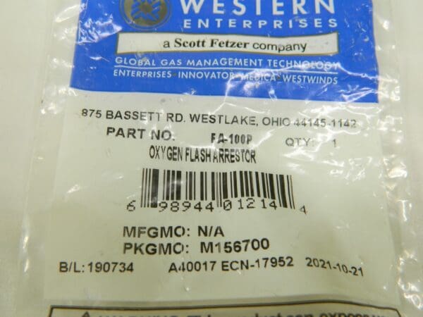 Western Enterprises Oxygen Flash Arrestor FA-100P