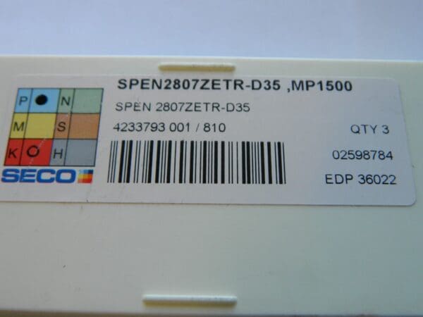 seco SPEN 2807ZETR-D35 Carbide Milling Insert QTY 3 36022