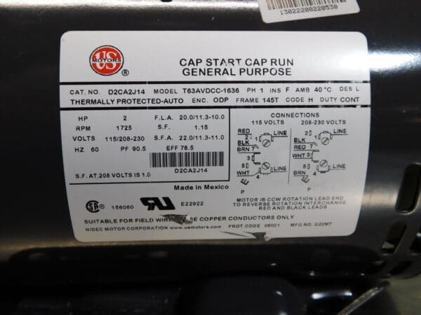 US Motors Single Phase Capacitor Start-Cap Run AC Motor D2CA2J14 PARTS/REPAIR