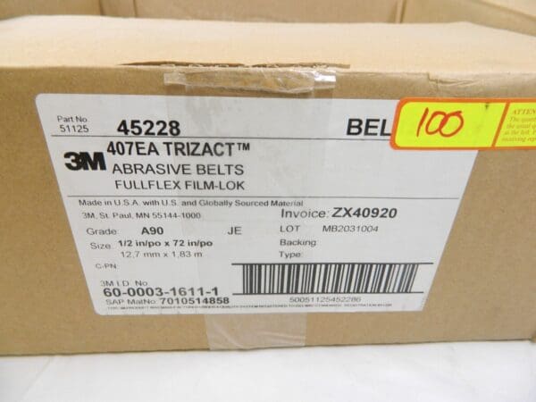 3M Trizact Cloth Belt 407EA A90 JE 1/2" X 72" Film-Lok Full-Flex Qty 100 45228