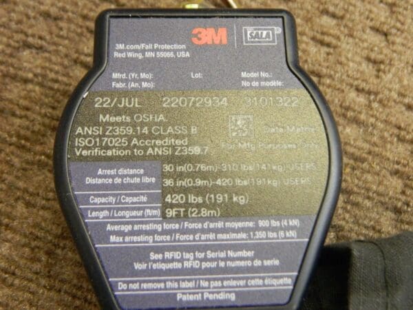 3M DBI/SALA Self-Retracting Fall Limiter: 9' Line