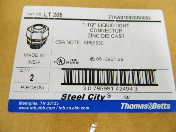 Thomas & Betts 1-1/2" Liquidtight Connector Zinc Die Cast Qty 2 LT-205