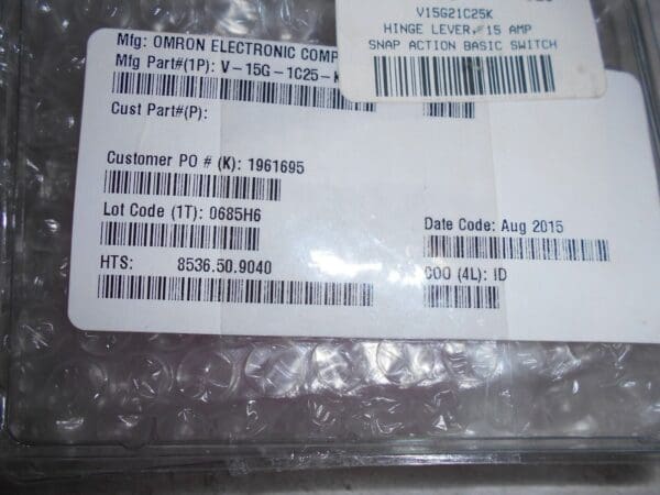 Omron Snap Action Switches 15 amp V15G21C25K