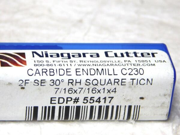 Niagara Cutter Solid Carbide Sq End Mill 7/16” Dia 7/16” Shk Dia 2Fl 4”L N55417