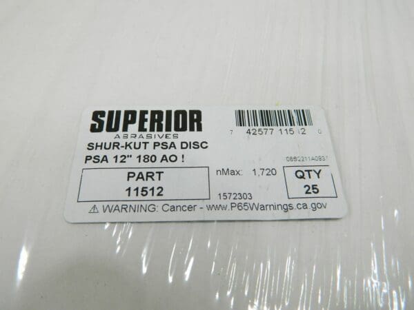 Superior PSA Disc: 12″ Disc Dia, 180 Grit, Aluminum Oxide Qty 25 11512