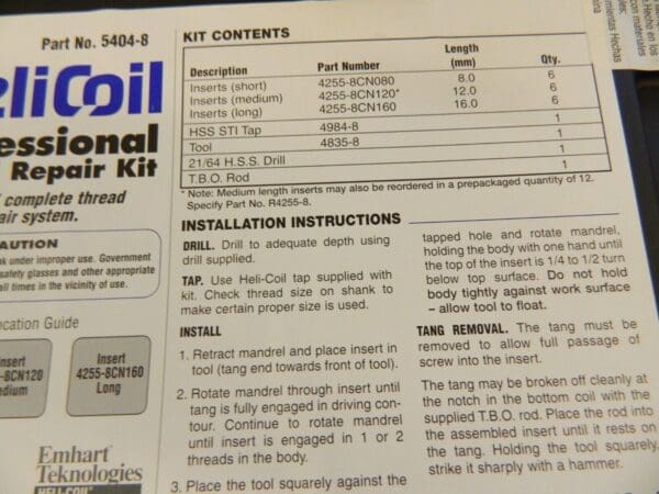 HELI-COIL Thread Repair Kit: Threaded Insert 5404-8