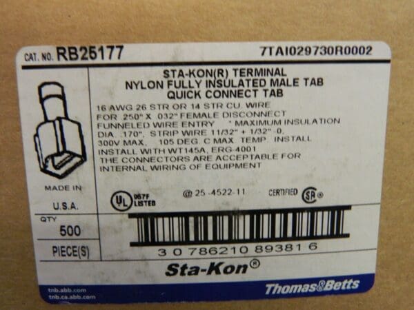 Thomas & Betts Sta-Kon Male Tab Disconnect 500pcs RB25177