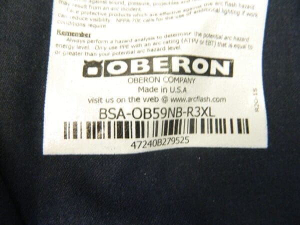 Oberon Inherently Flame Resistant Arc Flash Coverall Sz 3XL BSA-OB59NB-R3XL