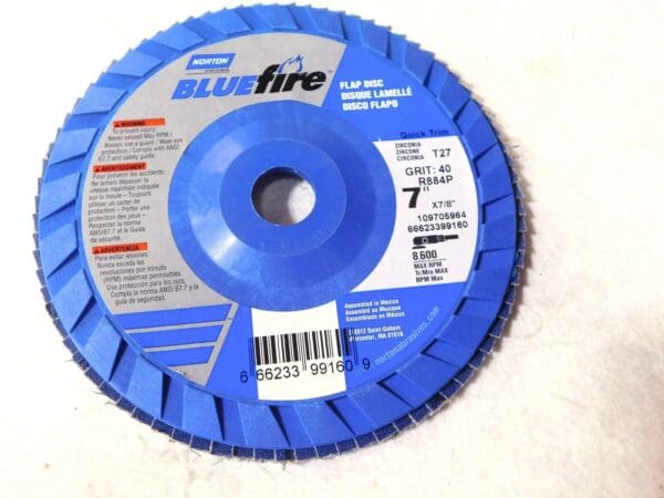 Norton Bluefire Zircona Alumina Flap Disc 7”Dia 7/8” Hole 40 Grit Qty-10 99160