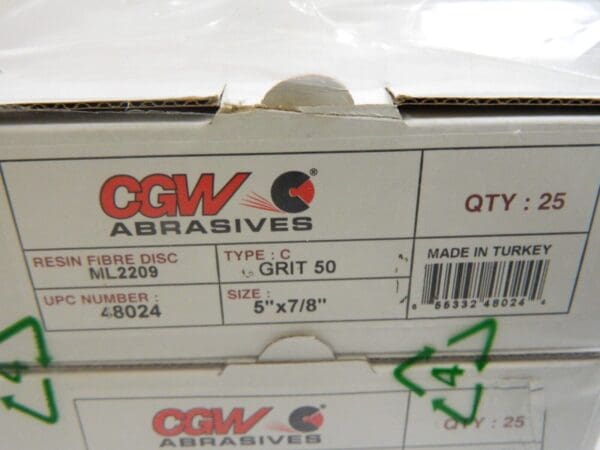 CGW ABRASIVES Fiber Disc: 5″ Disc Dia, 7/8″ Hole, 50 Grit, qty 100 48024