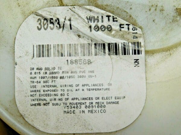 AlphaWire White Hook Up Wire Tinned Copper 1 Strand 20 AWG 3053/1 WH001 188568