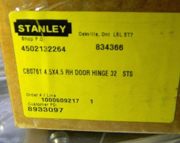 Stanley 4-1/2" x 4-1/2" RH 304 Stainless Steel Full Mortise Hinges Qty 2 834366