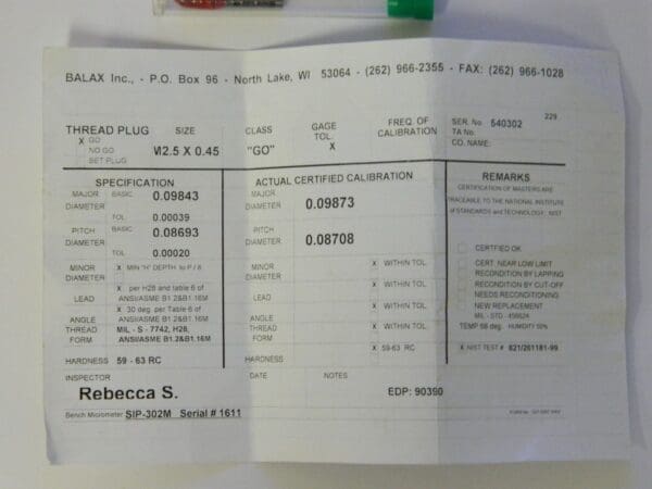 Balax M2.5 x 0.4500 x 2.2080mm 4H/6H Go Taperlock Thread Gage 90390