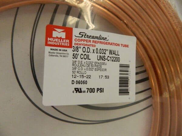 MUELLER INDUSTRIES 50' Long, 3/8″ OD x 0.311″ ID, Copper Seamless Tube D 06050P