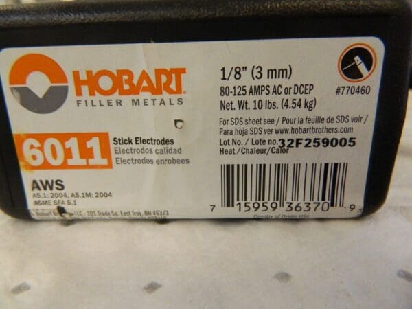 HOBART WELDING Stick Welding Electrode: 1/8″ Dia, 14″ Long 10LB 770460