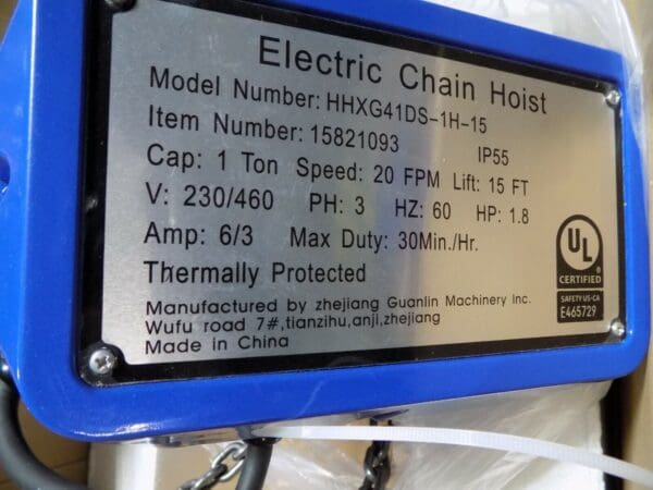 Pro Source Electric Chain Hoist 1 Ton Cap 15 Ft Lift 230/460v 3 Ph DEFECTIVE