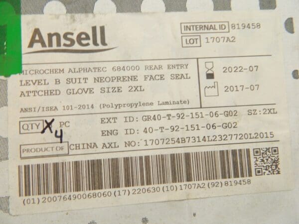 Ansell Microchem Chemical Sz 2XL Qty 4 GR40-T92-151-06-G02 NO MASK