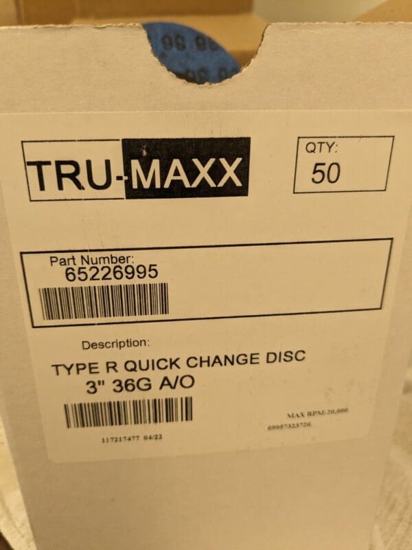 TRU-MAXX Quick-Change Disc 50pk: TR, 3″ Dia, 36 Grit, Aluminum Oxide 69957323726