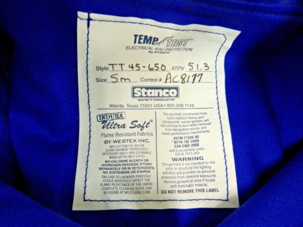 Stanco Indura Temp-Test Electrical Arc Protection Coat 50" Small TT45650-S