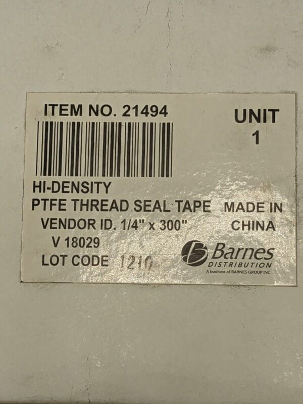 Barnes Hi-Density PTFE Thread Seal Tape 1/4" x 300" Qty 12 Rolls 21494