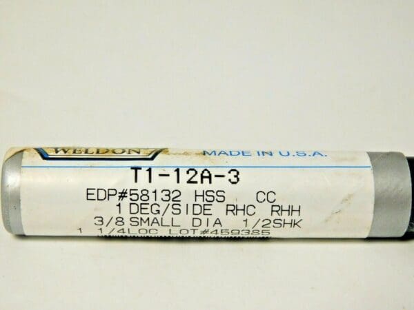 Weldon Tapered End Mill HSS 1º 3/8" x 1/2" x 1-1/4" x 3-1/4" T1-12A-3 58132