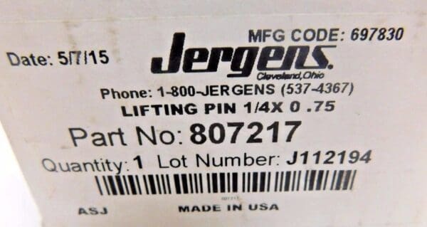 Jergens Kwik-Lok Lifting Pin 1/4" x 3/4" SS 807217