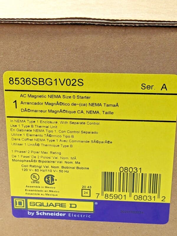 SCHNEIDER ELECTRIC SQUARE D NEMA Motor Starter 120VAC Coil 1PH 2P 8536SBG1V02S