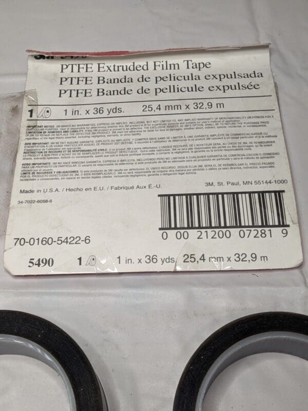 3M PTFE Film Tape: 1″ Wide, 36 yd Long, 3.7 mil Thick 7000050120 2 Rolls