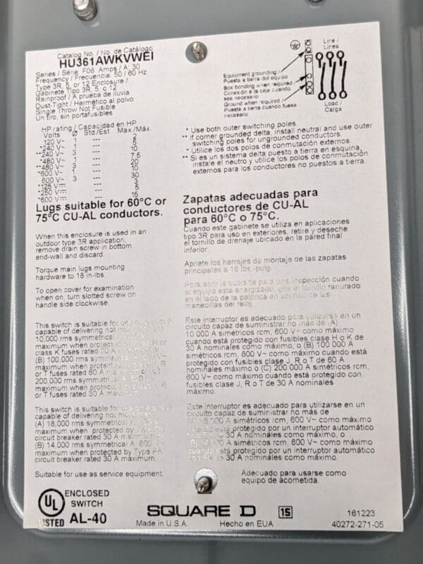 Square D Heavy Duty Safety Switch Type 3R 50/60Hz X 30A X 600V HU361AWKVWEI