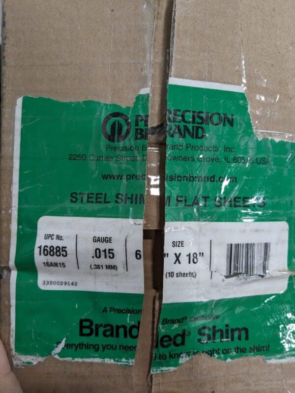 PRECISION BRAND Shim Stock: 0.015'' Thick, 18'' L, 6″ W, 1008/1010 Qty 10 16885