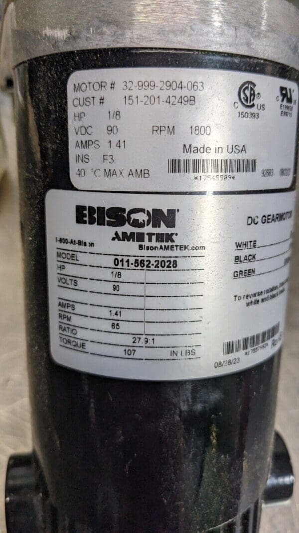 BISON GEAR 1/8 hp Parallel Gear Motor 90VDC 011-562-2028